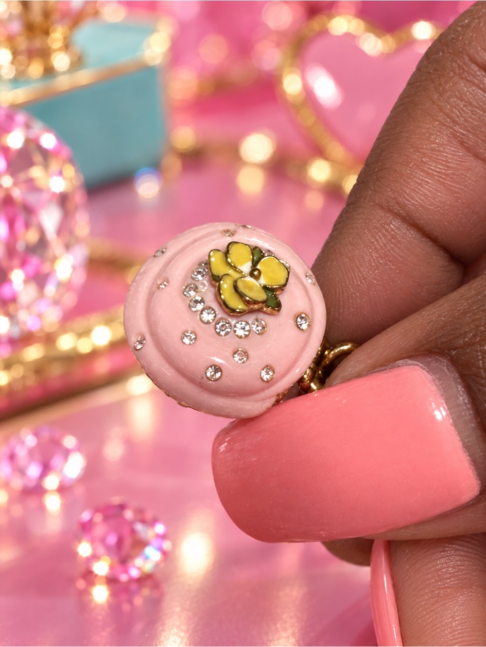 Juicy Couture Pink Enamel Cupcake Flower Charm with Yellow Flower and Crystals